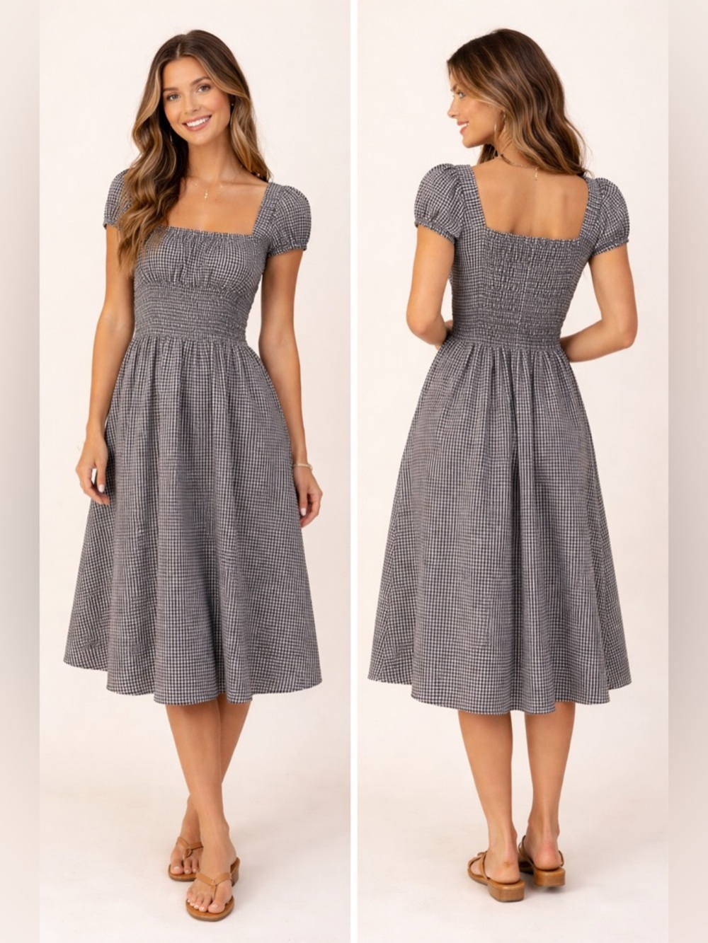 LAST 1 ❤️ Black Gingham Smocked Midi Dress Puff Sleeve Summer Dress - Picture 2 of 3